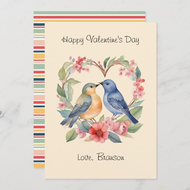 Happy Valentine's Day Watercolor Love Birds Card (Front/Back)