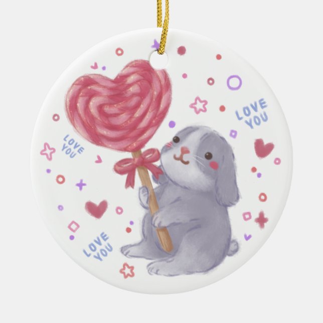 Happy Valentine's Day with Bunny & Lollipop Ceramic Tree Decoration (Front)