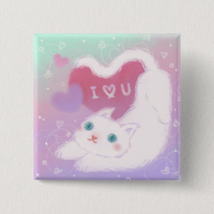 Happy Valentine's Day with Fluffy White Cat 15 Cm Square Badge