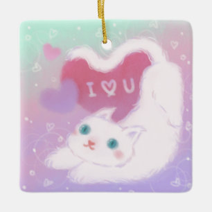 Happy Valentine's Day with Fluffy White Cat Ceramic Ornament