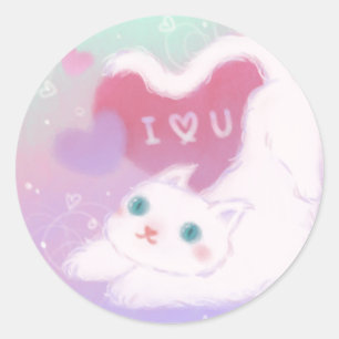 Happy Valentine's Day with Fluffy White Cat Classic Round Sticker