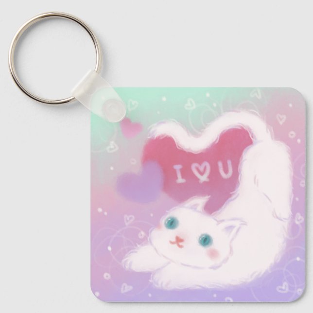 Happy Valentine's Day with Fluffy White Cat Key Ring (Front)