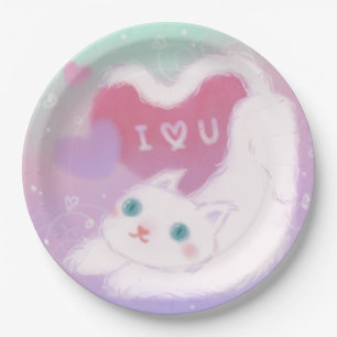 Happy Valentine's Day with Fluffy White Cat Paper Plate