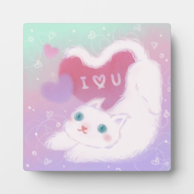 Happy Valentine's Day with Fluffy White Cat Plaque (Front)