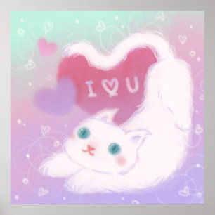 Happy Valentine's Day with Fluffy White Cat Poster