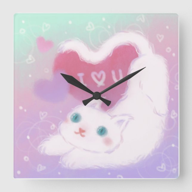 Happy Valentine's Day with Fluffy White Cat Square Wall Clock (Front)