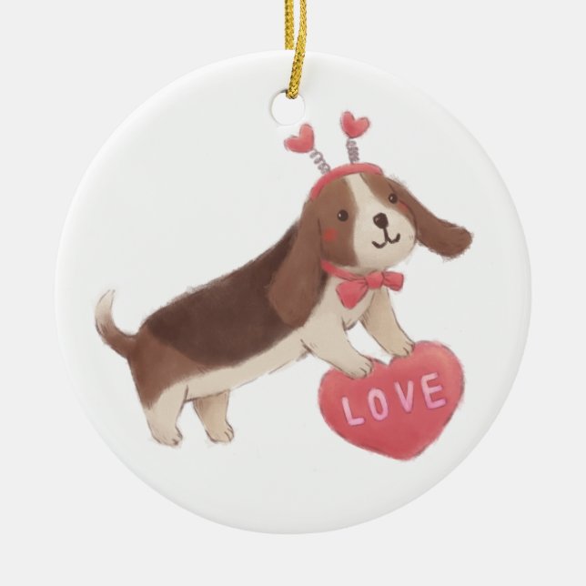 Happy Valentine's Day with Puppy Ceramic Tree Decoration (Front)
