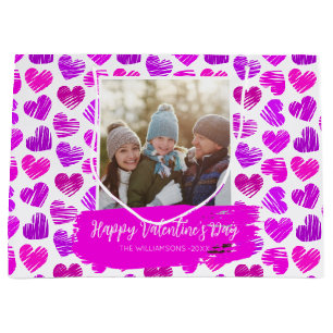 Happy Valentines Modern Purple Pink Heart Photo Large Gift Bag