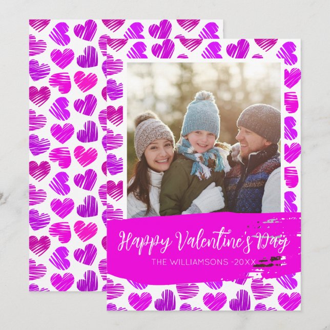 Happy Valentines Modern Purple Pink Hearts Photo Holiday Card (Front/Back)