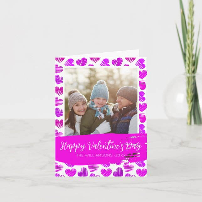 Happy Valentines Modern Purple Pink Hearts Photo Holiday Card (Front)