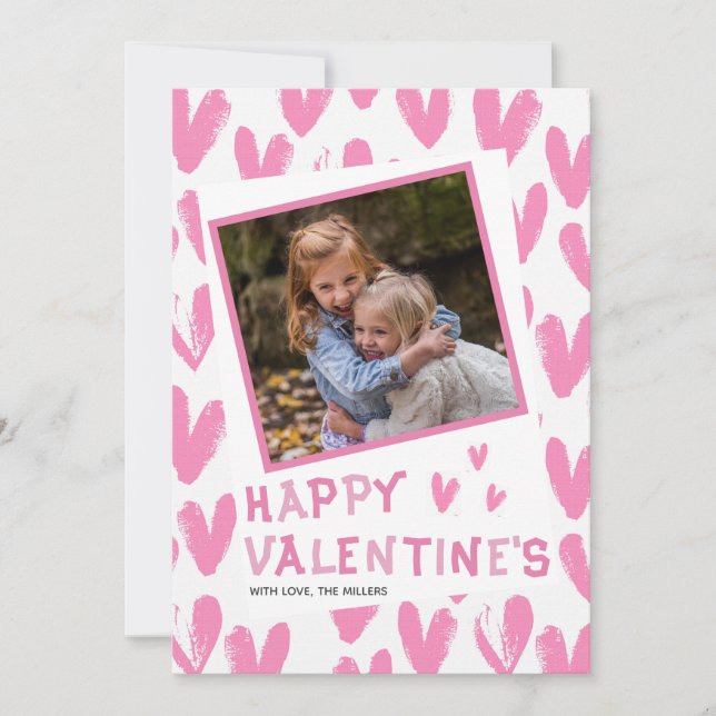 Happy Valentines Pink Hearts Photo Family Holiday Card (Front)