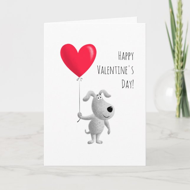 Happy Valentine's Red Heart Balloon Cute Dog Puppy Card (Front)
