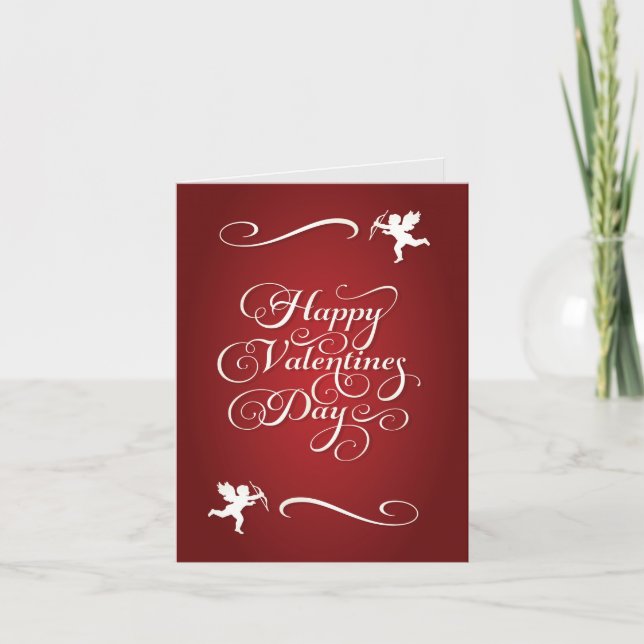 Happy Valentines With Cupid & Script Des & White Holiday Card (Front)