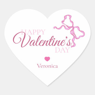 Happy Valentin's Day Pink Wavy Ribbon Heart Sticker