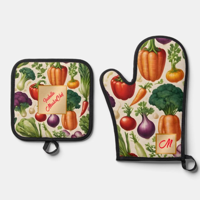 Happy Vegetables Healthy Food Modern Collection Oven Mitt & Pot Holder Set (Front)