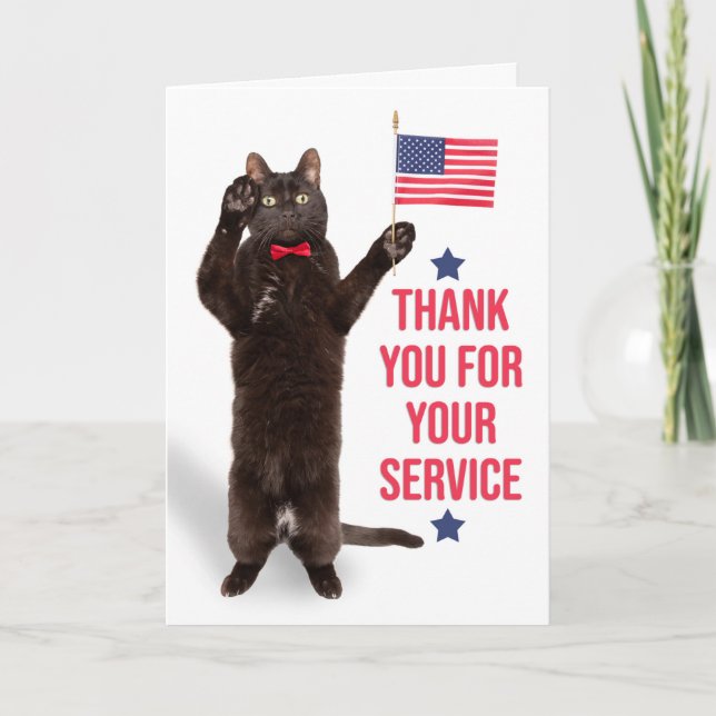 Happy Veterans Day Cat Holding Flag and Saluting Holiday Card (Front)