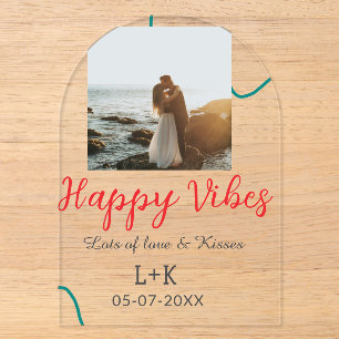 Happy Vibes holiday couple name date wedding red Acrylic Invitations