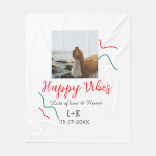 Happy Vibes holiday couple name date wedding red  Fleece Blanket