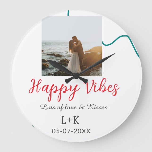 Happy Vibes holiday couple name date wedding red  Large Clock (Front)