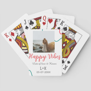 Happy Vibes holiday couple name date wedding red Playing Cards