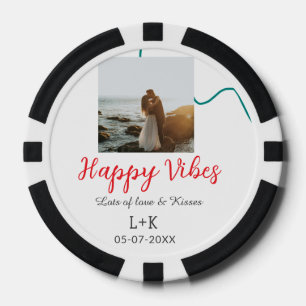 Happy Vibes holiday couple name date wedding red Poker Chips