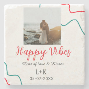 Happy Vibes holiday couple name date wedding red  Stone Coaster