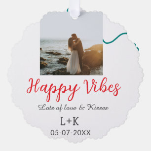 Happy Vibes holiday couple name date wedding red Tree Decoration Card