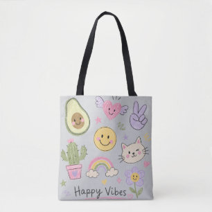Happy Vibes Kawaii Doodle Cute Smiley Rainbow & Tote Bag
