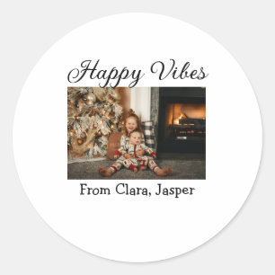 Happy vibes kids family Christmas photo Invitation Classic Round Sticker