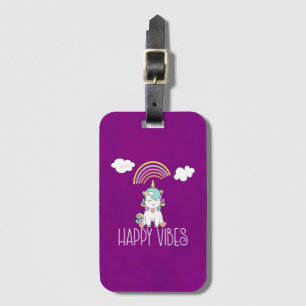 Happy Vibes Typography Awesome Rainbow & Unicorn Luggage Tag
