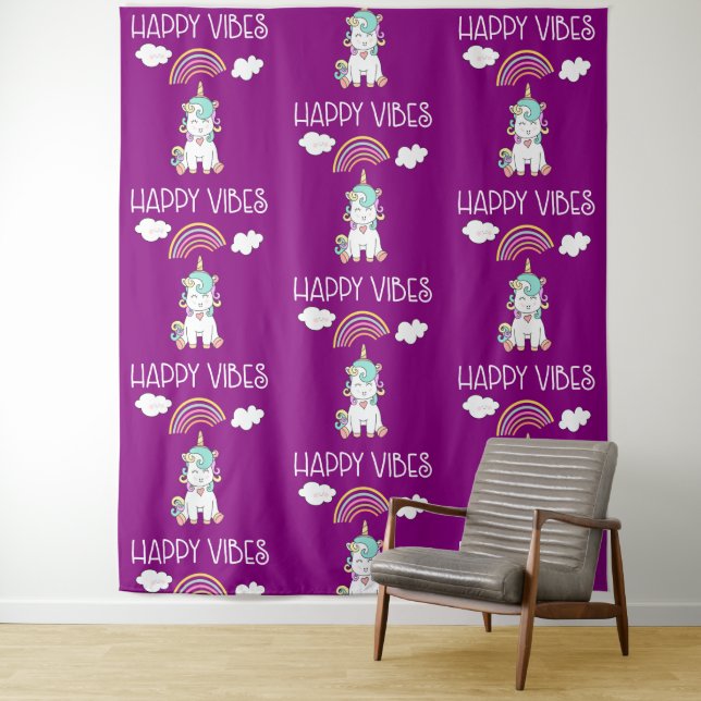 Happy Vibes Typography Awesome Rainbow & Unicorn Tapestry (In Situ)