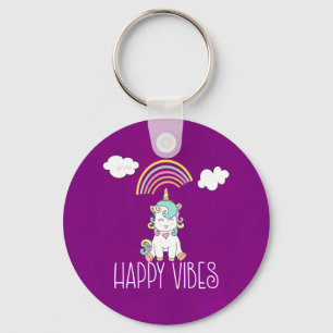 Happy Vibes Typography Cute Smiling Unicorn Key Ring