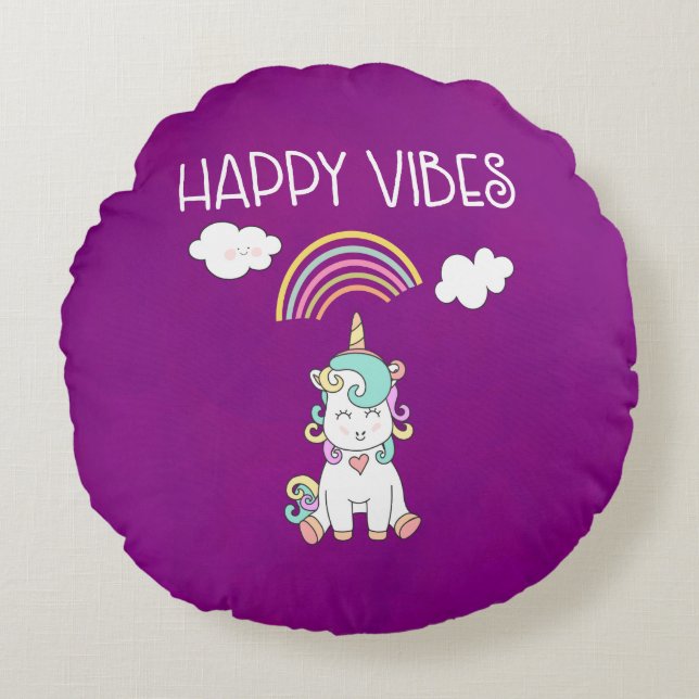 Happy Vibes Typography Cute Smiling Unicorn Round Cushion (Front)