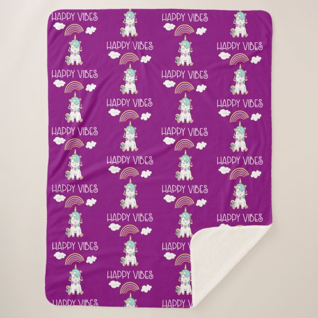 Happy Vibes Typography Smiling Unicorn Pattern Sherpa Blanket (Front)