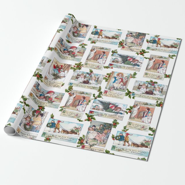 Happy Victorian Children with Christmas Greetings Wrapping Paper (Unrolled)