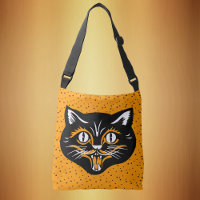 Happy Vintage Halloween Black Cat Face on Orange