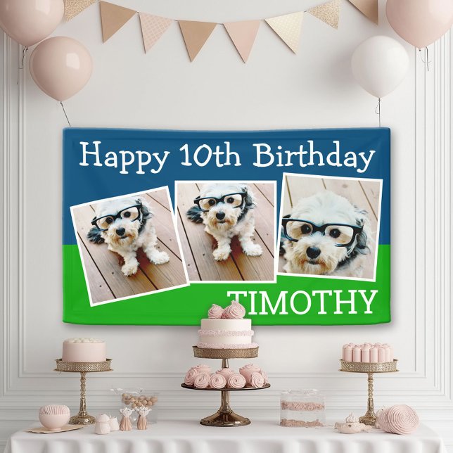 Happy Virtual Birthday 3 Photos - blue green Banner (Custom Birthday Banner)