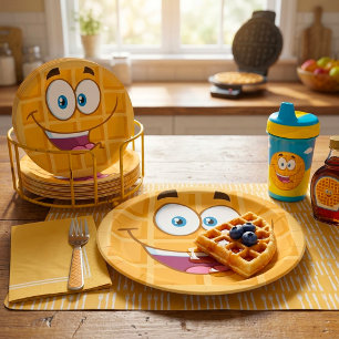 Happy Waffle Kawaii Smiling Breakfast Food Paper Plate