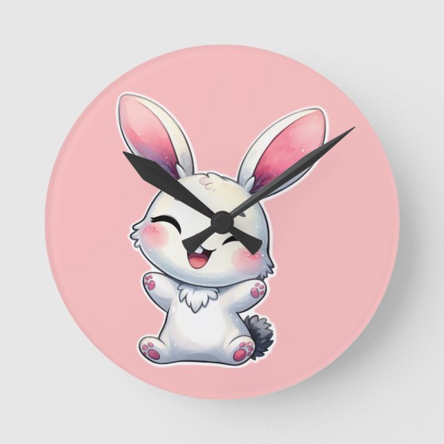 Happy Watercolor Bunny Round Clock (Front)