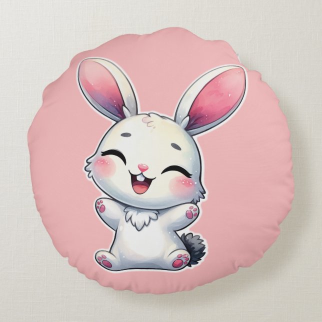 Happy Watercolor Bunny Round Cushion (Back)