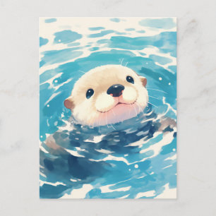 Happy Watercolor Otter Swimming Postcard