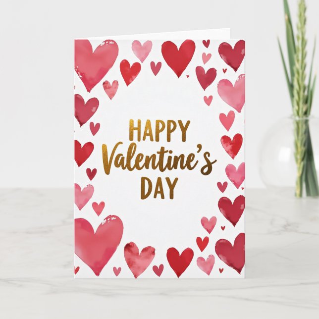Happy Watercolor Valentines Hearts Card (Front)
