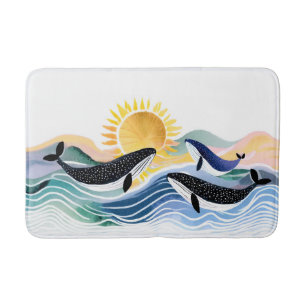 Happy Waves & Blue Whales Watercolor Bath Mat