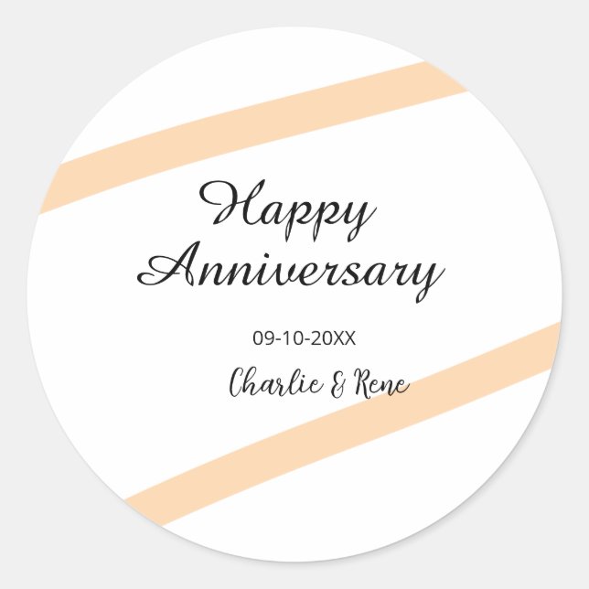 Happy wedding anniversary orange pastel lines name classic round sticker (Front)