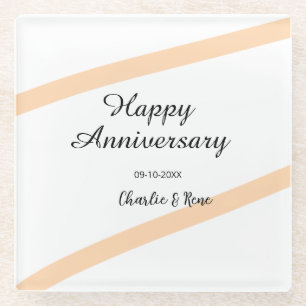 Happy wedding anniversary orange pastel lines name glass coaster
