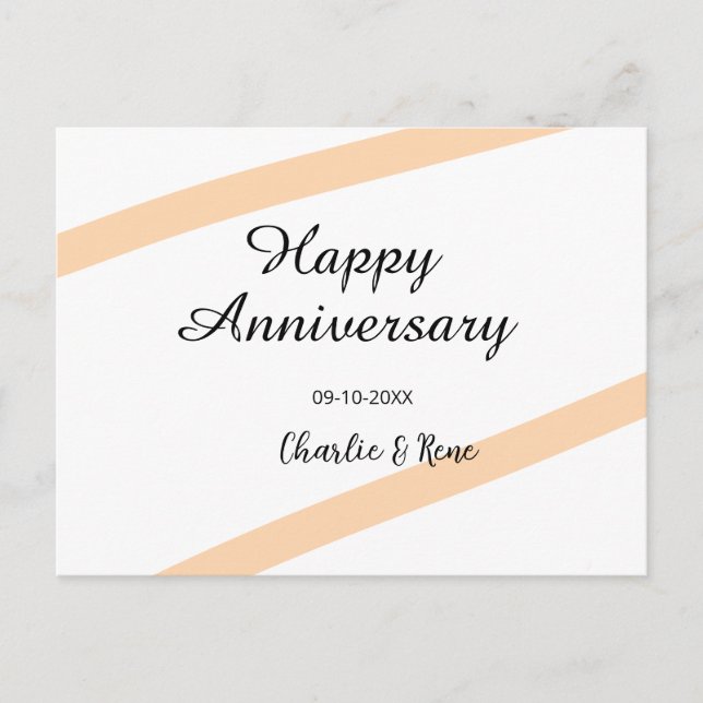 Happy wedding anniversary orange pastel lines name holiday postcard (Front)