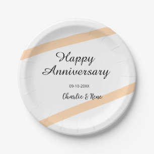 Happy wedding anniversary orange pastel lines name paper plate