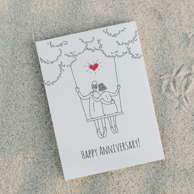 Happy Wedding Anniversary Red Heart Swing Couple Postcard (Creator Uploaded)