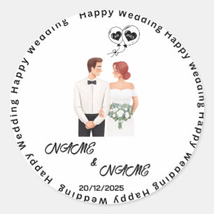 Happy Wedding Custom Name  Classic Round Sticker