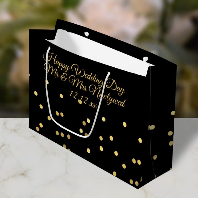 Happy Wedding Day Black and Gold Confetti Gift Bag (Happy Wedding Day to the Newlyweds! Just add the Couple's name and wedding date to this gift bag)